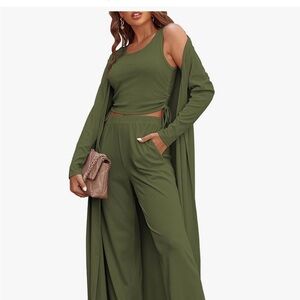 Elegant Green 3 piece Women's Pajama Lounge Set with long cardigan